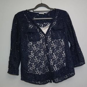 Ny&Co XS Navy Lace Blouse, Button Down. Tabbed Sleeve. V-neck